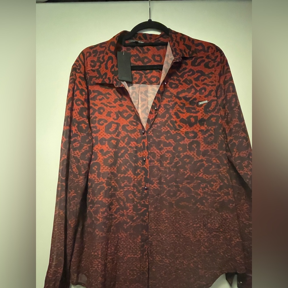 GUESS BNWT Red & Black Animal Print Sheer Long Sleeve Button Down Blouse Size L
